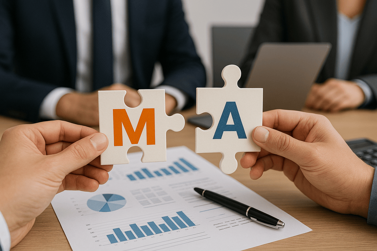 M&A Definition: Puzzleteile symbolisieren Fusionen und Übernahmen bei einer Unternehmensfusion